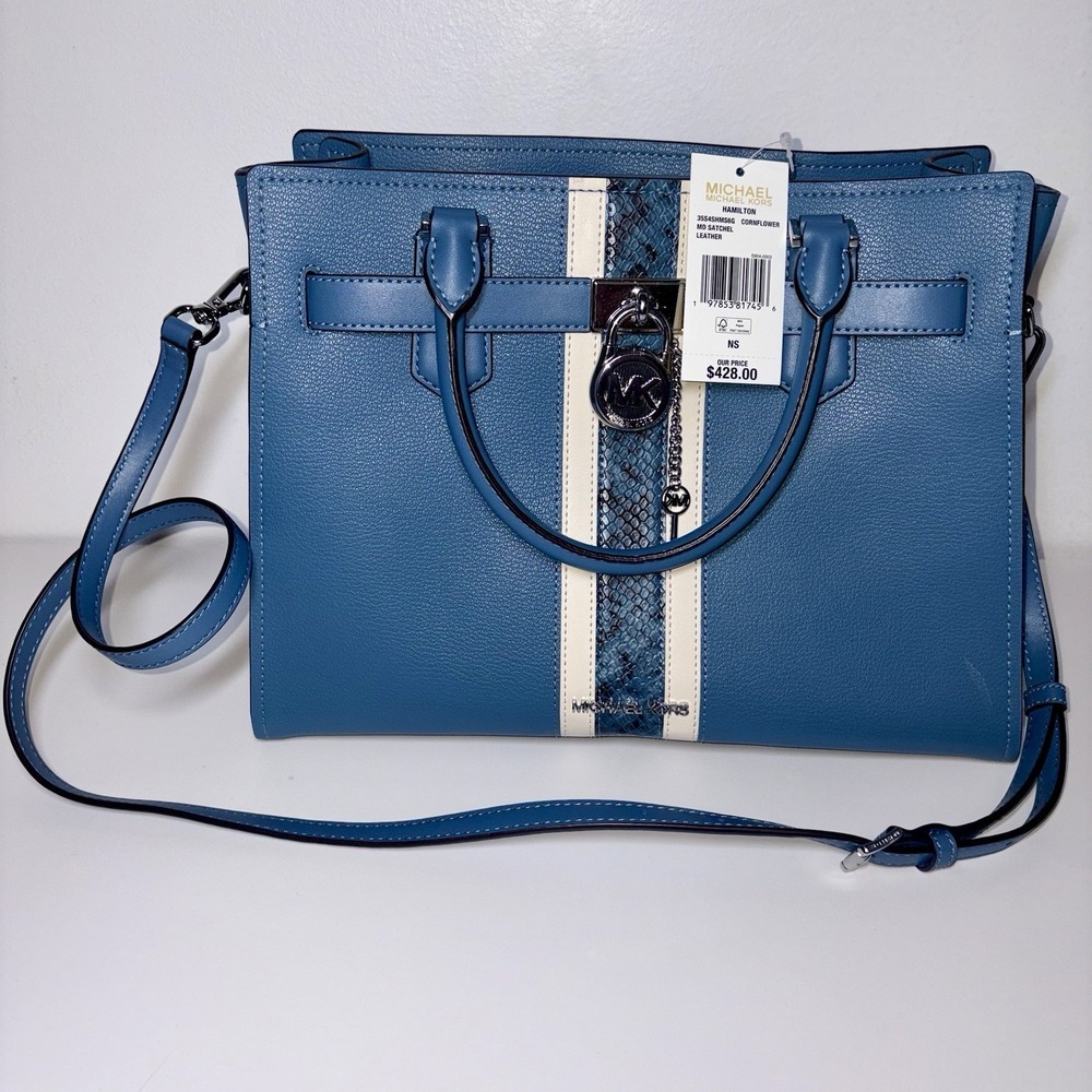 Michael Kors Women's Hamilton Leather & Snake Embossed Stripe Bag New With Tags